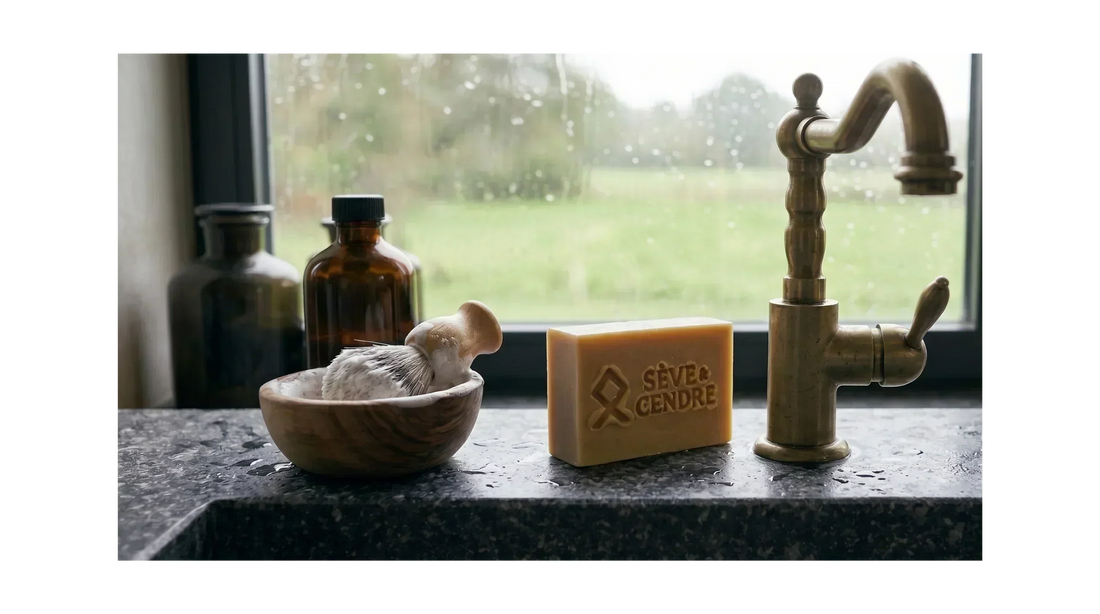 Savon homme rasage Sève et Cendre au lait de chèvre posé sur un lavabo