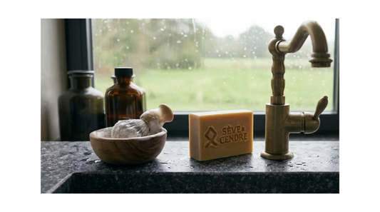 Savon homme rasage Sève et Cendre au lait de chèvre posé sur un lavabo