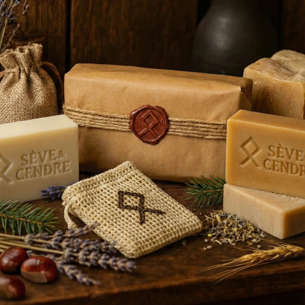 Coffret de quatre savons et un sachet sauve savon Sève et Cendre posés sur une planche en bois brute