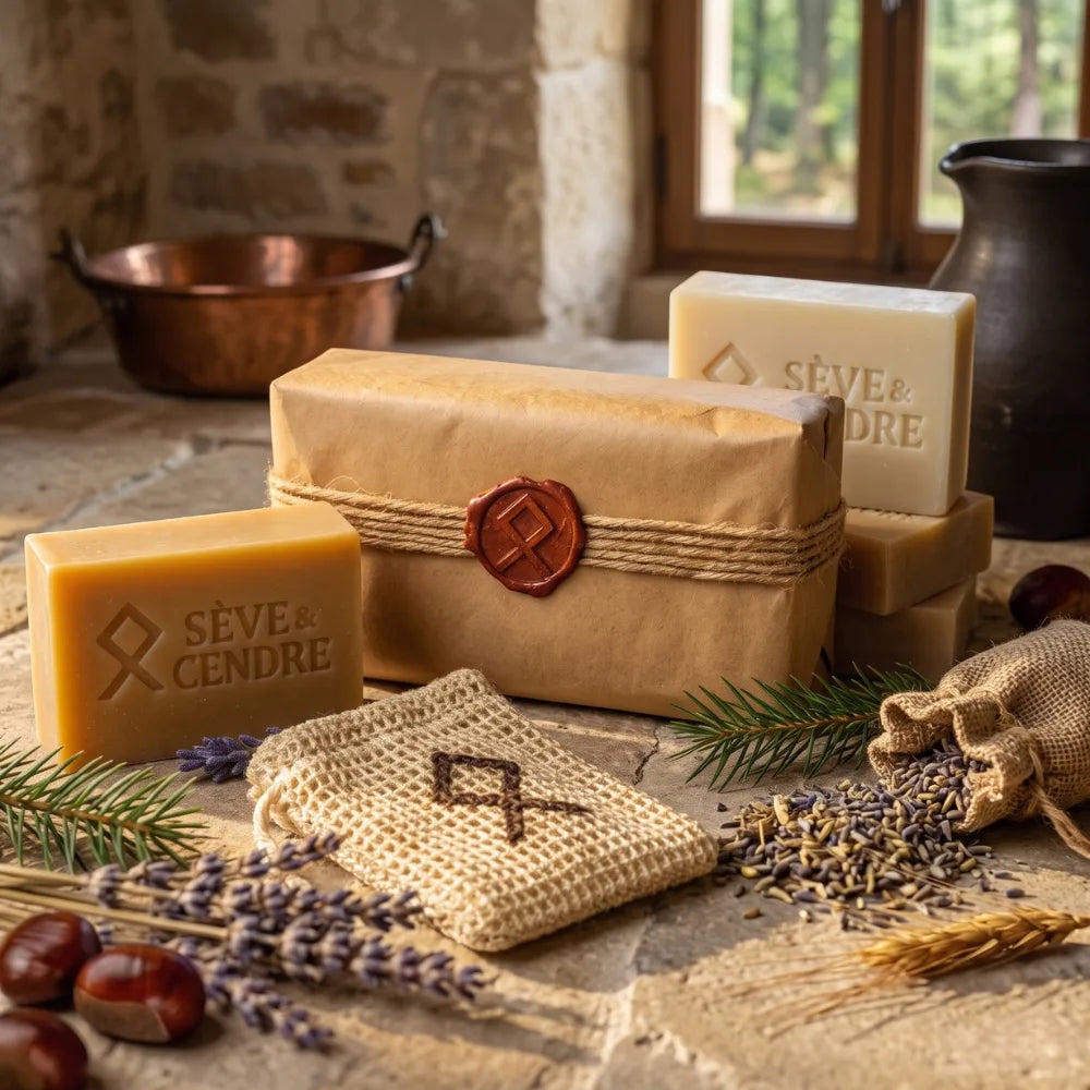 Coffret de quatre savons et un sache sauve savon Sève et Cendre posés sur une table en pierre