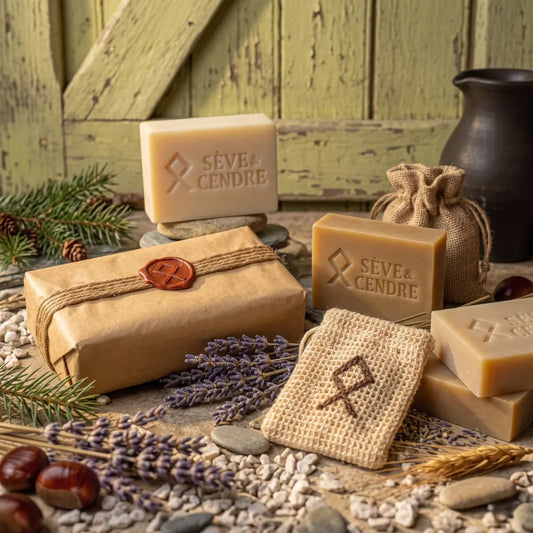 Coffret de quatres savons artisanaux Sève et Cendre posé sur un établi en bois 
