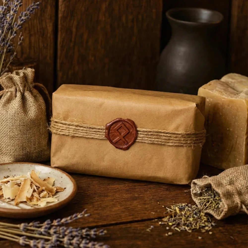 Coffret de quatre savons Sève et Cendre sur une table en bois brute