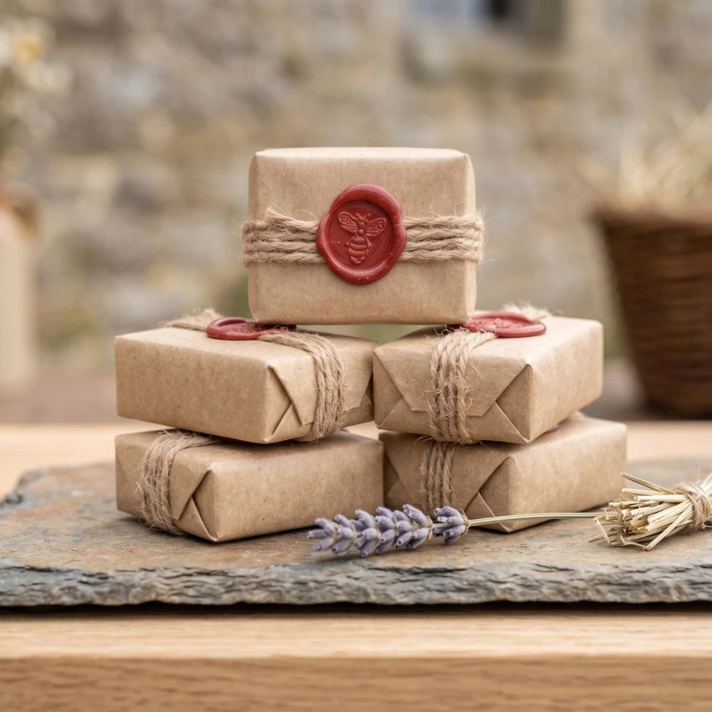 5 mini savons au miel Sève et Cendre posés sur une ardoise brute